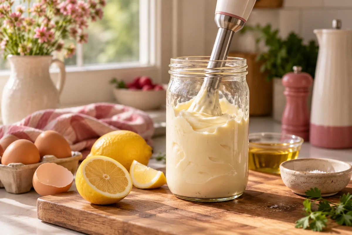 Hohes Glas mit gelber Mayonnaise und ein Stabmixer auf einem Holzbrett